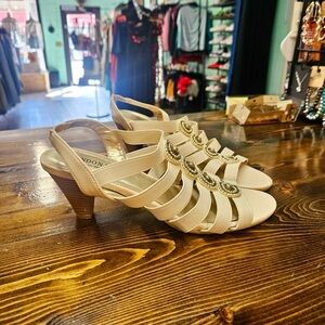 London Fog Cream Strappy Heeled Sandals with Beaded Accents